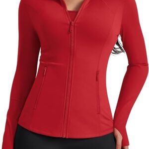Womens Workout Jackets Lightweight Athletic Zip Up Jacket Slim Fit Running Gym Top with Pockets & Thumb Holes