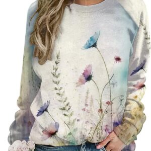 Womens Boho Floral Sweatshirts Novelty Graphic Crewneck Long Sleeve Shirts Oversized Fall Casual Flower Pullover Tops