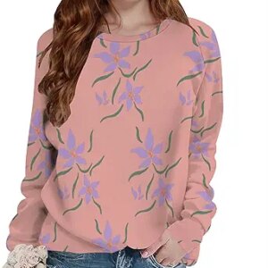 Flower Graphic Sweatshirt for Women Vintage Minimalistic Floral Printed Casual Loose Pullover Crewneck Tops Fall