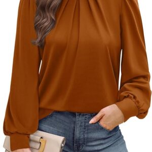 Long Sleeve Shirts for Women Mock Neck Tops Pleated Front Blouses Dressy Casual Fall Clothes 2025 Fashion