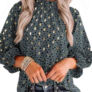 Women Polka Dot Long Sleeve Blouse Shirts Work Mock Neck Ruffle Top