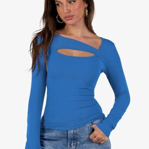 Womens Cutout Tops Trendy Sexy Long Sleeve Shirts Ribbed Slim Fit Tee
