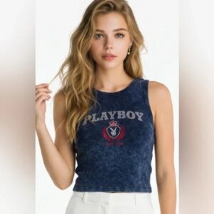 PLAYBOY Women's Tops Navy Mineral-Wash Emblem Tank