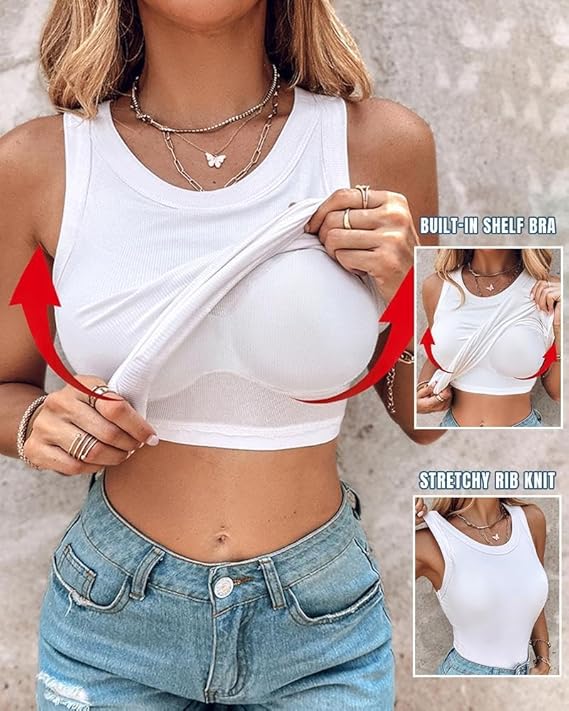 Women Built-in Bra Tank Tops Sleeveless Casual Shirts Racerback Ribbed Fitted Tank Tops - Image 3