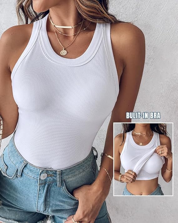 Women Built-in Bra Tank Tops Sleeveless Casual Shirts Racerback Ribbed Fitted Tank Tops - Image 2