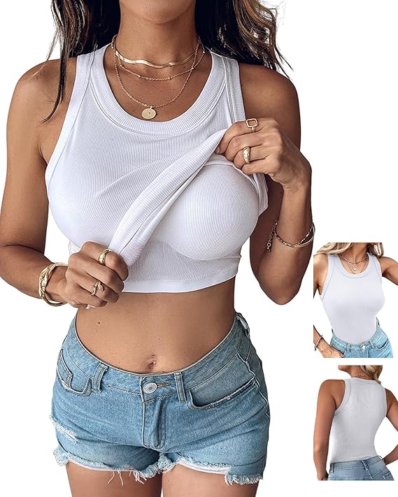 Women Built-in Bra Tank Tops Sleeveless Casual Shirts Racerback Ribbed Fitted Tank Tops