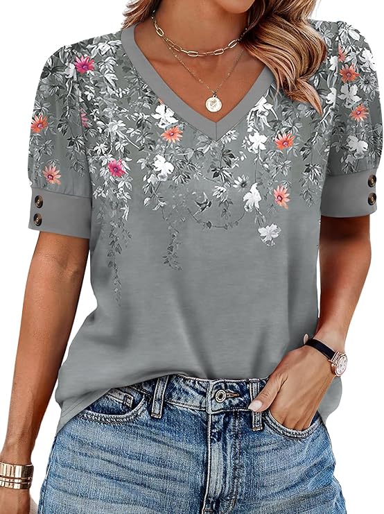 Womens Tops Short Sleeve Shirts Buttons V Neck Spring Fashion Summer Outfits Plus Size Blouses Dressy Casual