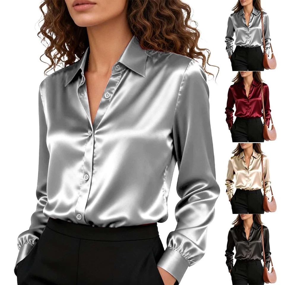 Elegant Women Satin Shirt Solid Color Long Sleeve Blouse Casual Button Down Tops - Image 4
