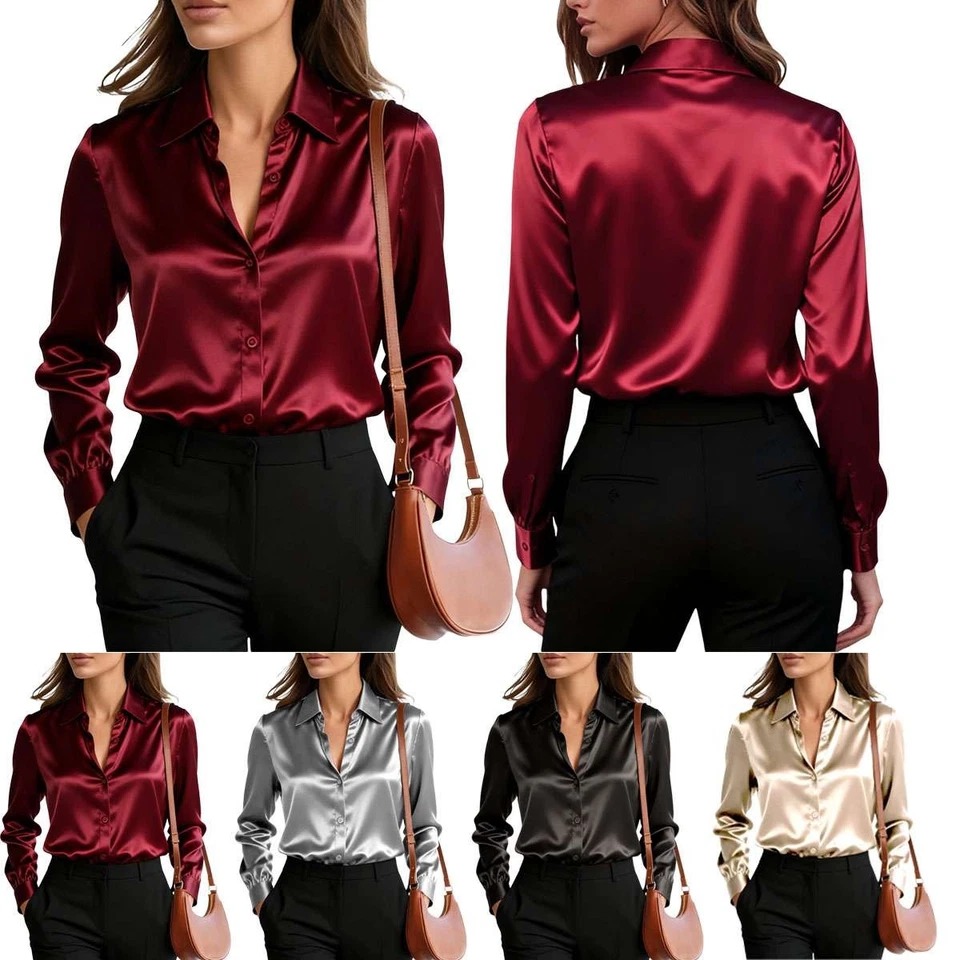 Elegant Women Satin Shirt Solid Color Long Sleeve Blouse Casual Button Down Tops - Image 3