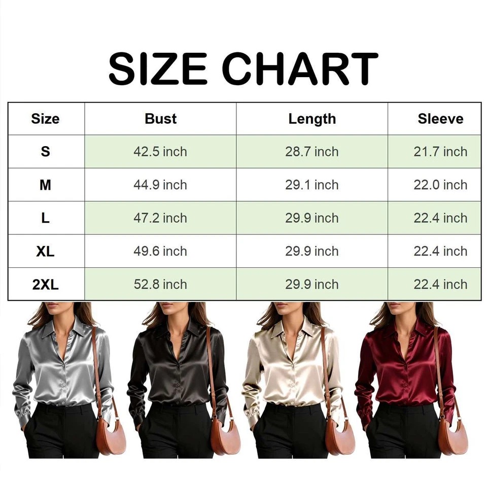 Elegant Women Satin Shirt Solid Color Long Sleeve Blouse Casual Button Down Tops - Image 2