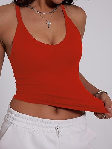 Racerback Vest Top with Built in Bra Women V-Neck Cotton Rib Basic Long Tanks Y2k Going Out Tops - Image 2